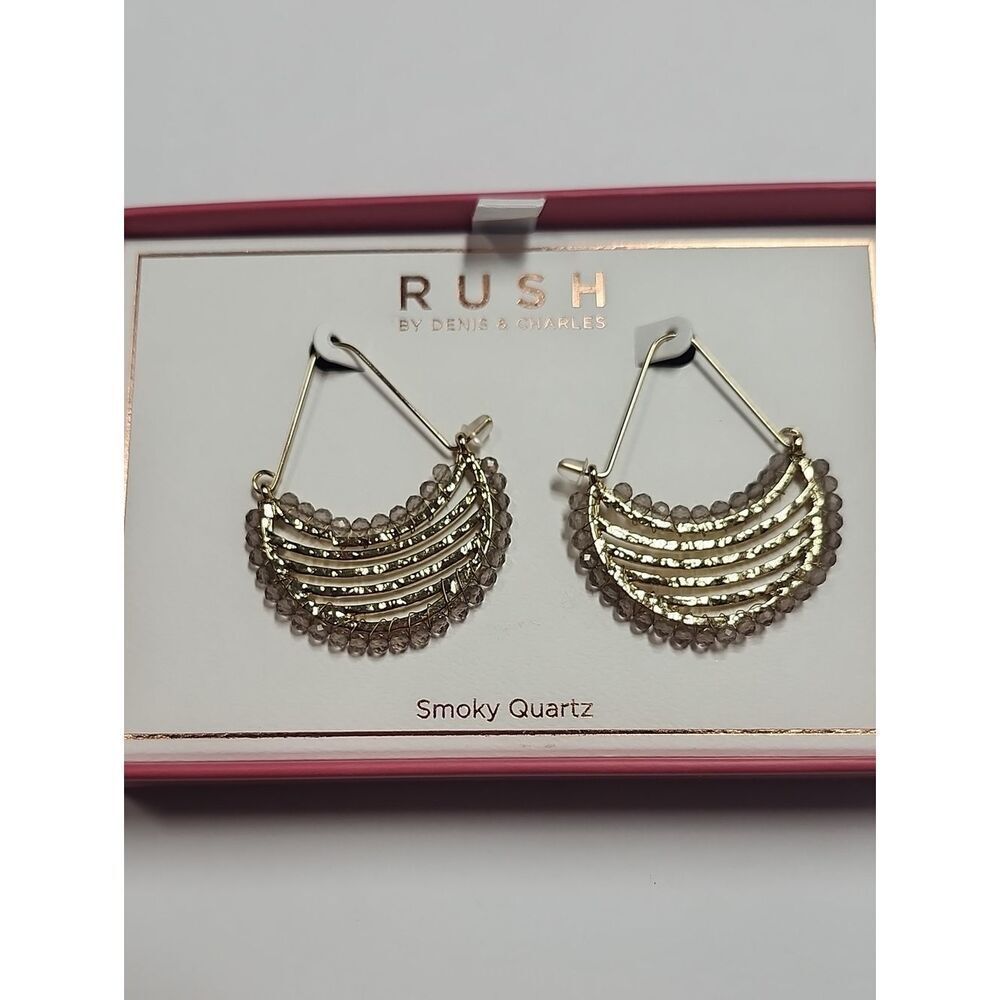 RUSH Denis & Charles Gold Tone Smoky Quartz Beads 2” Dangle Earrings NEW In Box